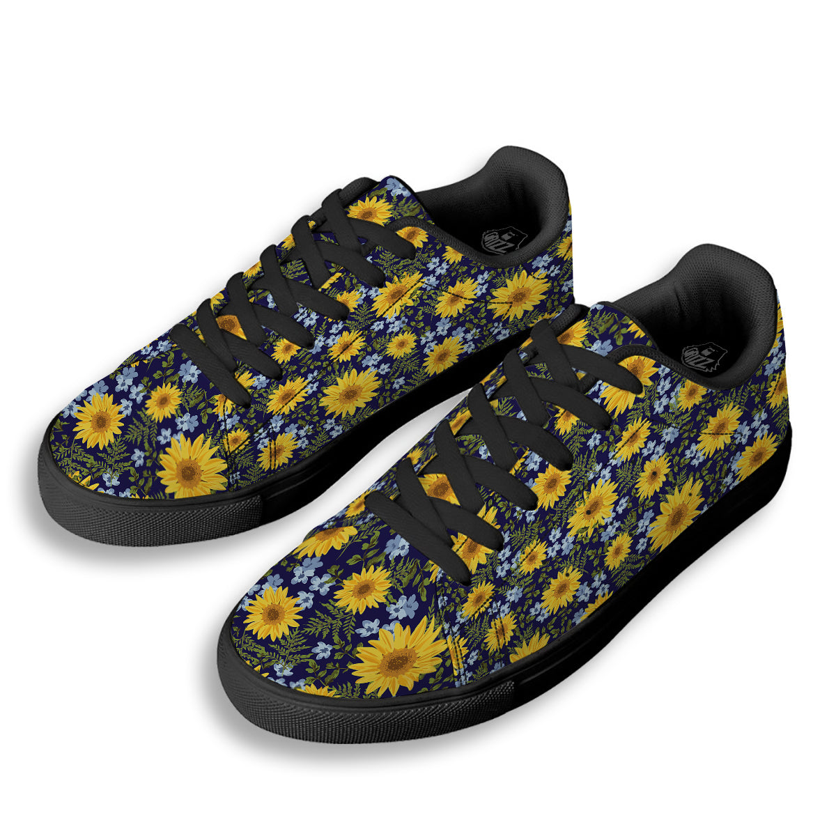 Yellow Sunflower Floral Print Black Low Top Sneakers-grizzshop