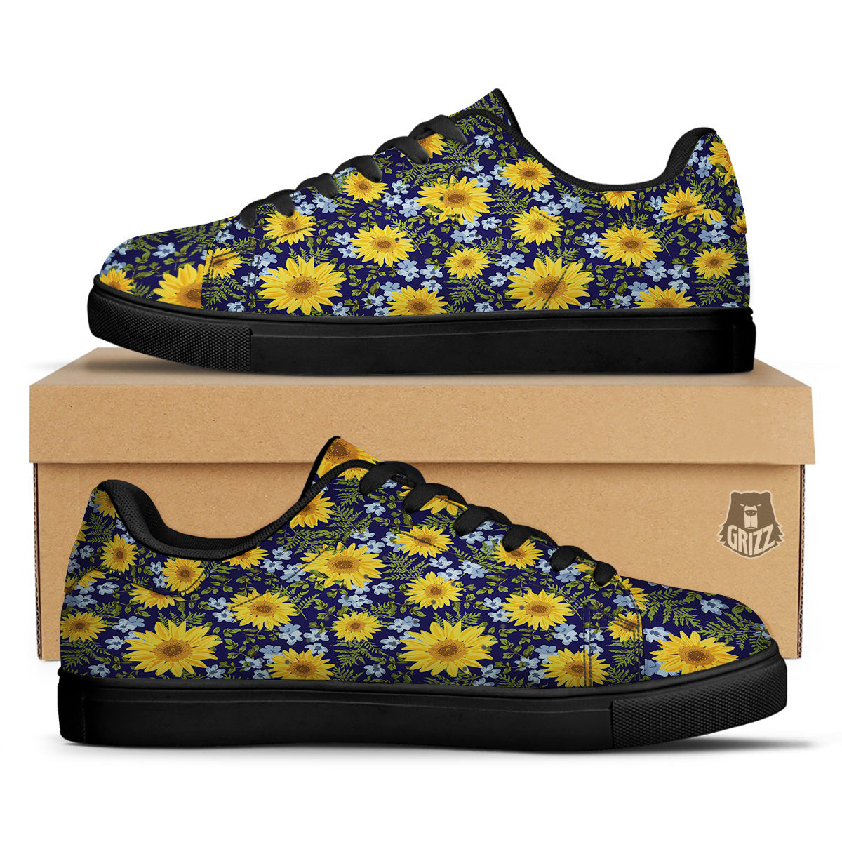 Yellow Sunflower Floral Print Black Low Top Sneakers-grizzshop