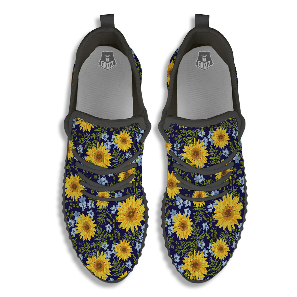 Yellow Sunflower Floral Print Black Walking Shoes-grizzshop