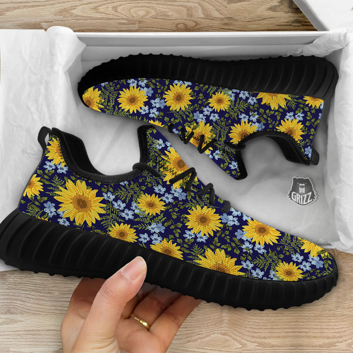 Yellow Sunflower Floral Print Black Walking Shoes-grizzshop