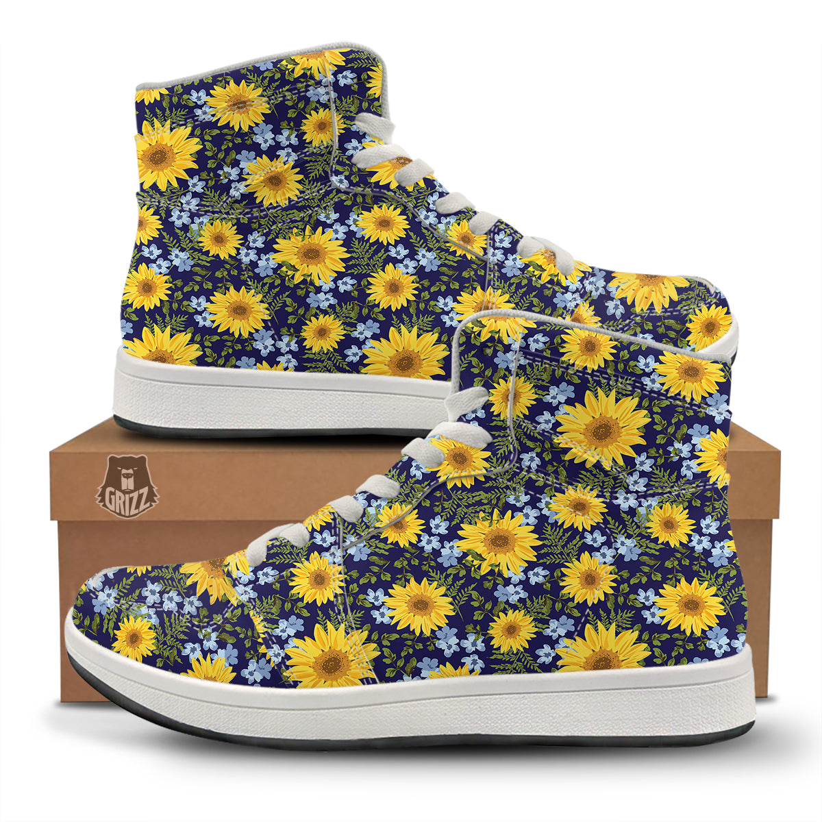 Yellow Sunflower Floral Print High Top Sneakers-grizzshop
