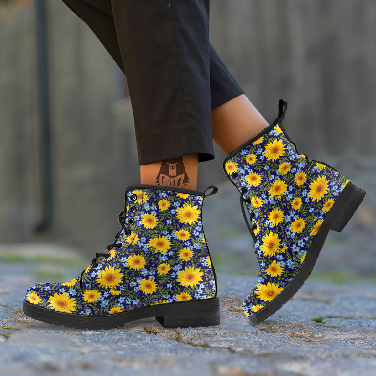 Yellow Sunflower Floral Print Leather Boots-grizzshop