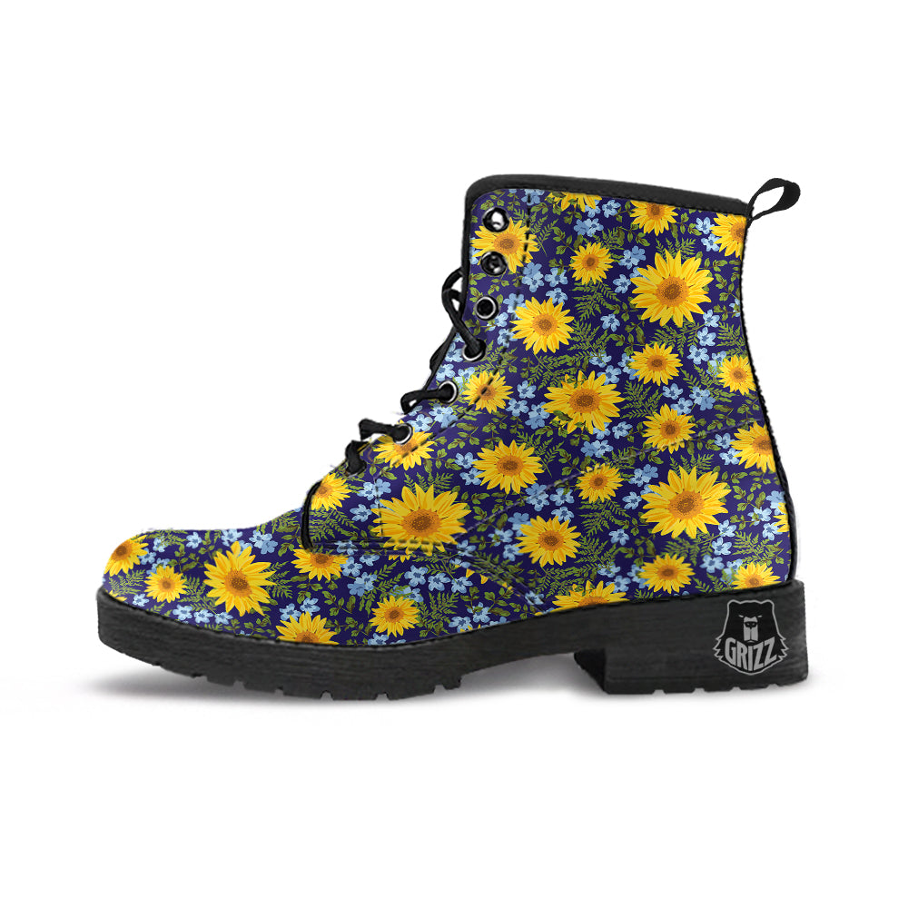 Yellow Sunflower Floral Print Leather Boots-grizzshop
