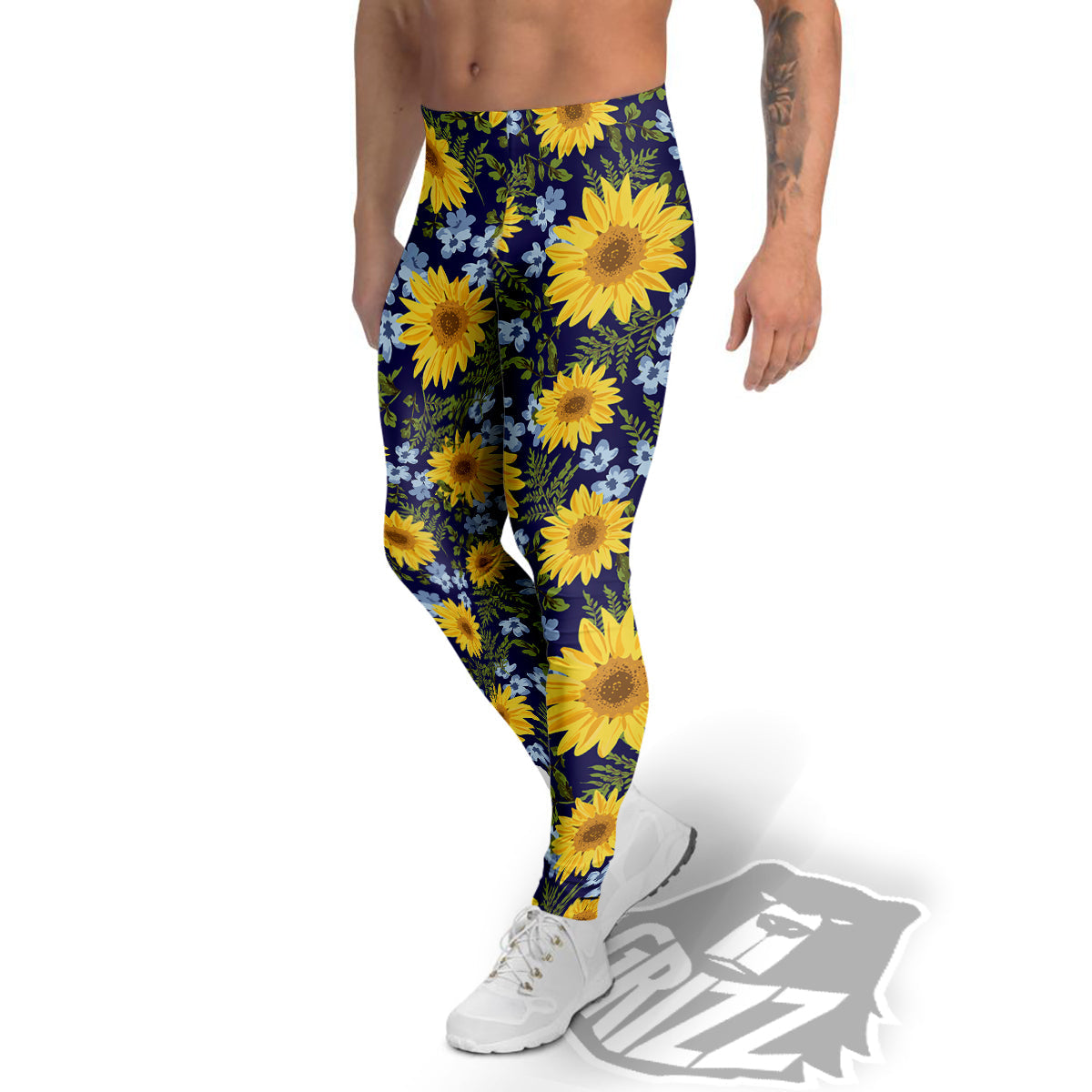 Yellow Sunflower Floral Print Men's Leggings-grizzshop