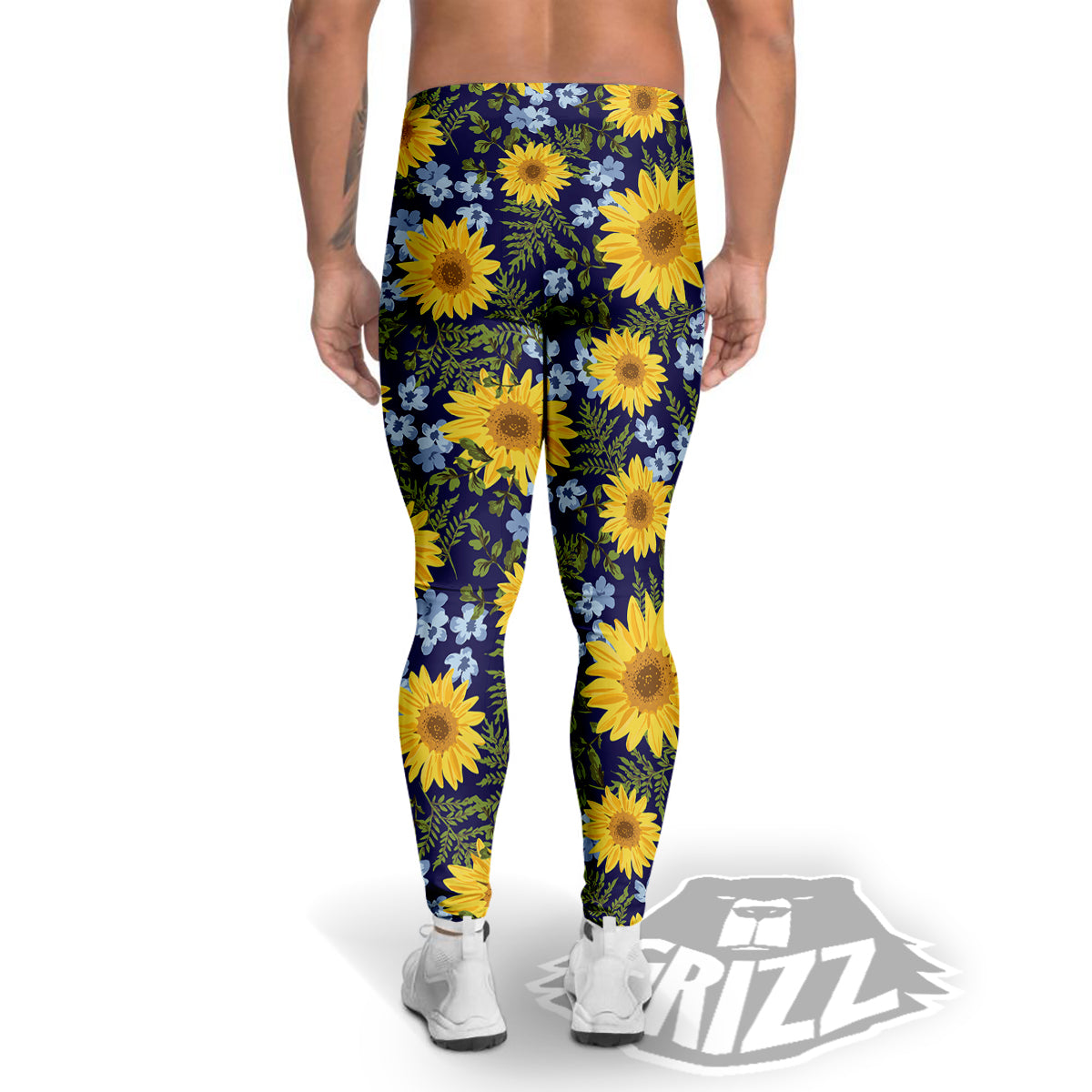 Yellow Sunflower Floral Print Men's Leggings-grizzshop