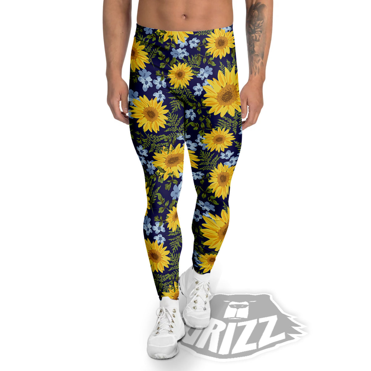 Yellow Sunflower Floral Print Men's Leggings-grizzshop