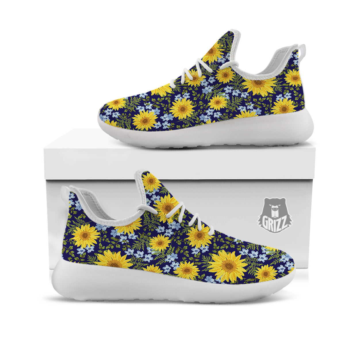 Yellow Sunflower Floral Print White Athletic Shoes-grizzshop