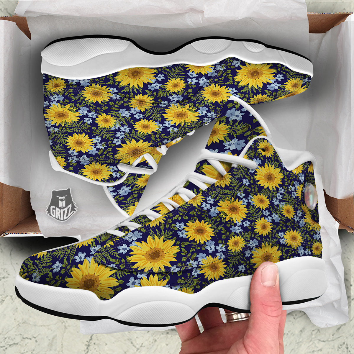 Yellow Sunflower Floral Print White Basketball Shoes-grizzshop
