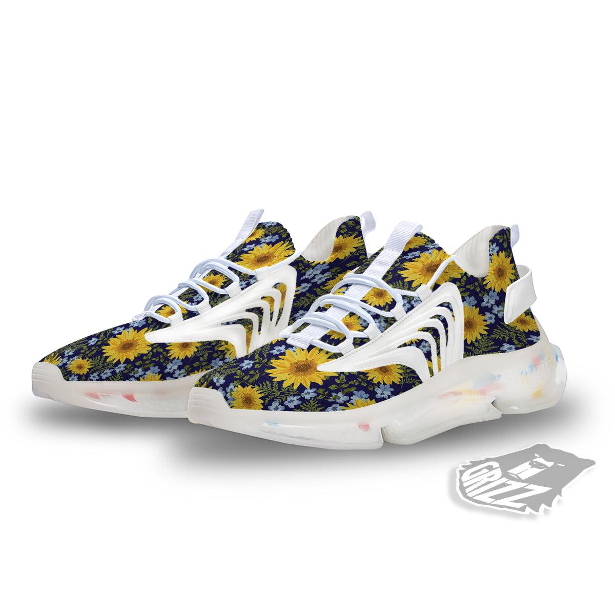 Yellow Sunflower Floral Print White Gym Shoes-grizzshop