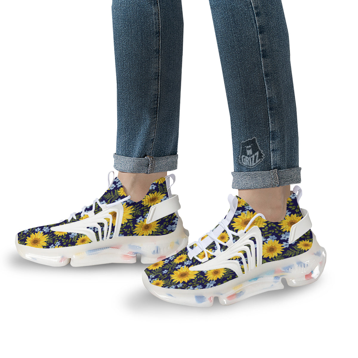 Yellow Sunflower Floral Print White Gym Shoes-grizzshop