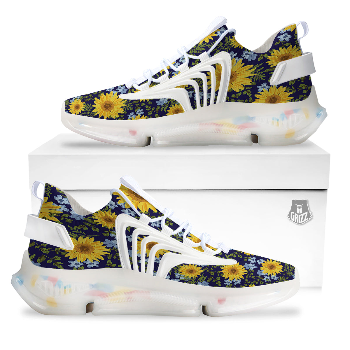 Yellow Sunflower Floral Print White Gym Shoes-grizzshop