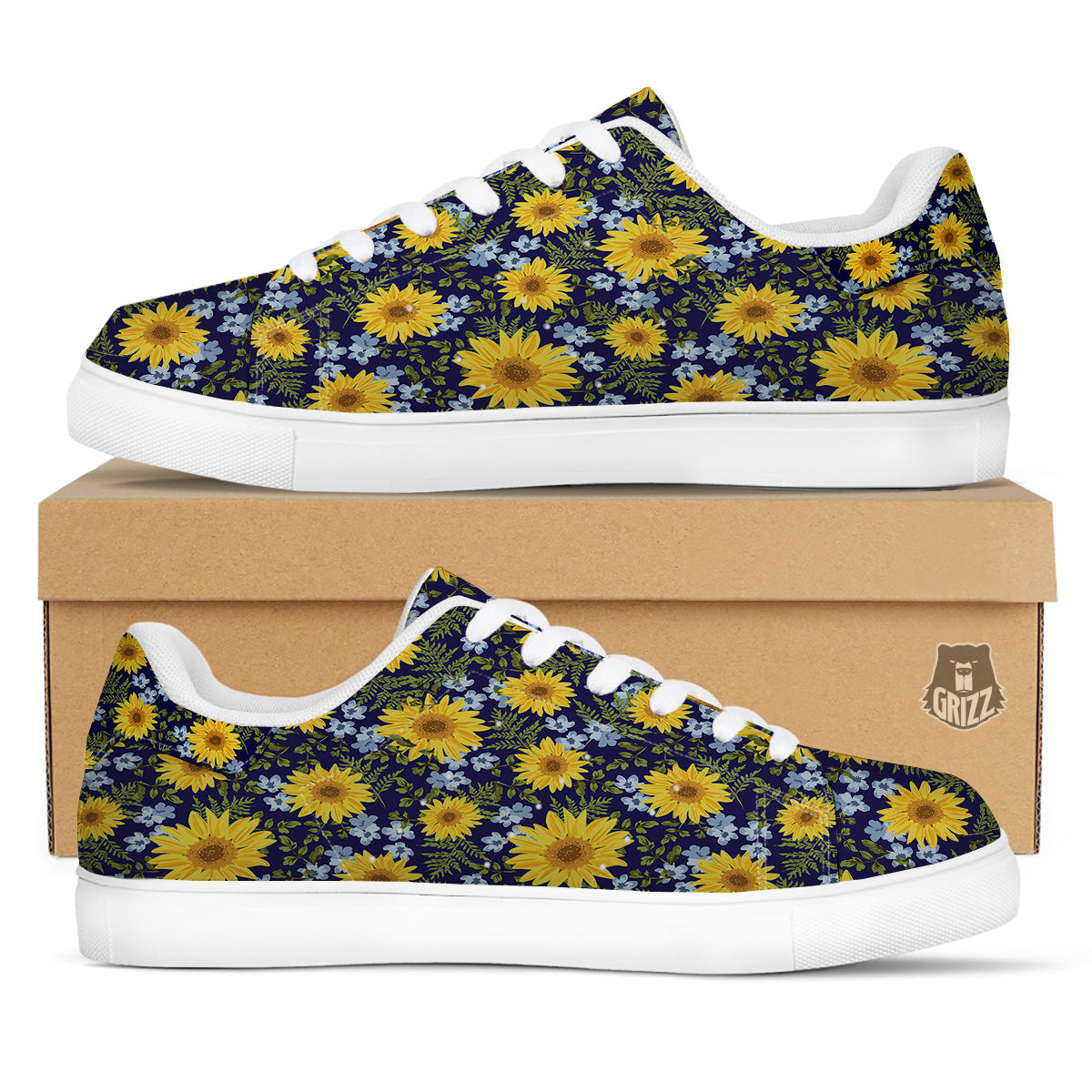Yellow Sunflower Floral Print White Low Top Sneakers-grizzshop
