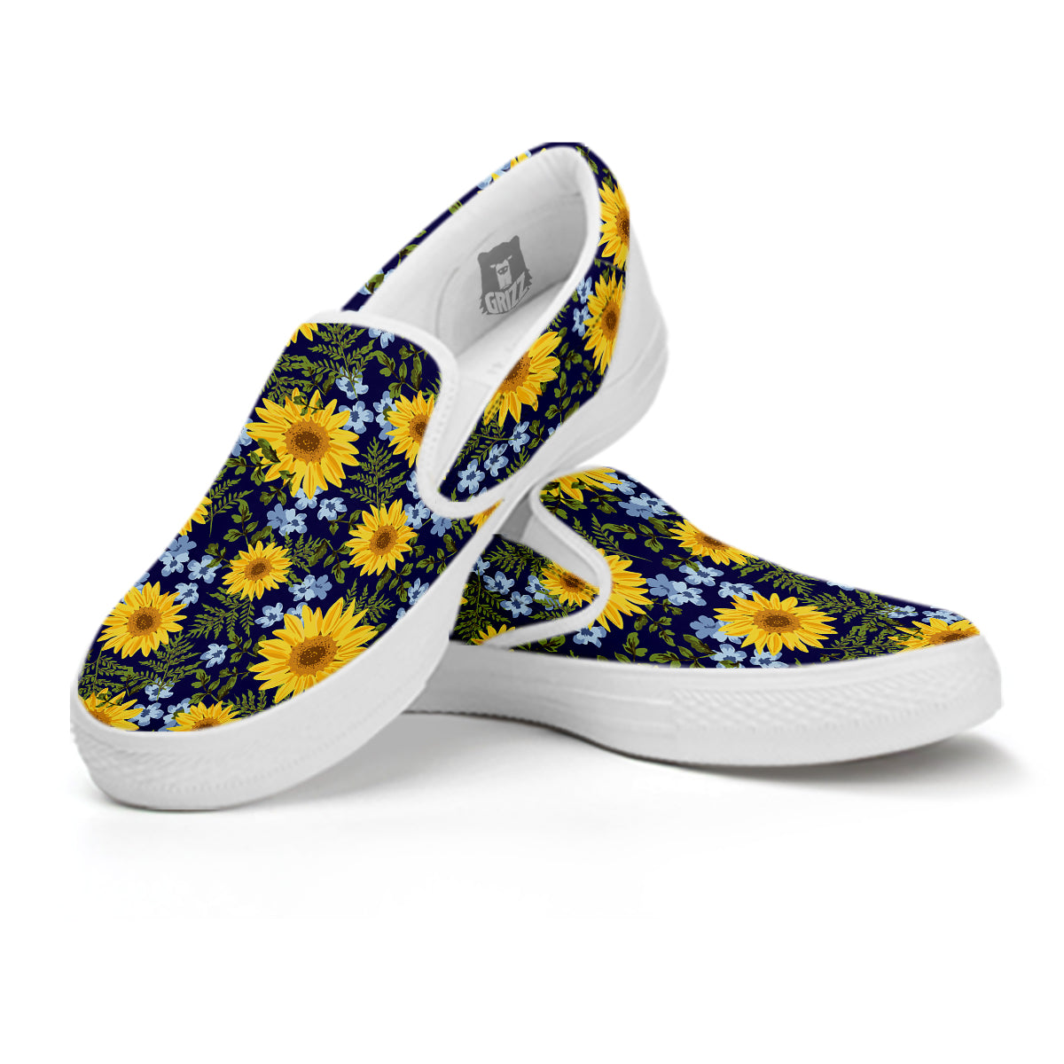 Yellow Sunflower Floral Print White Slip On Shoes-grizzshop