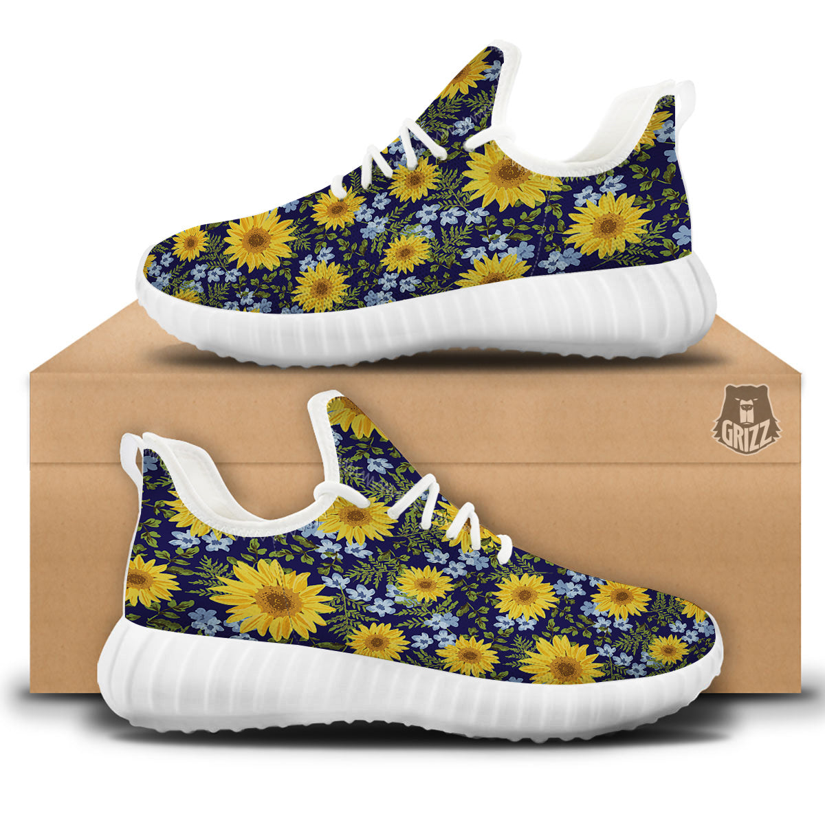Yellow Sunflower Floral Print White Walking Shoes-grizzshop