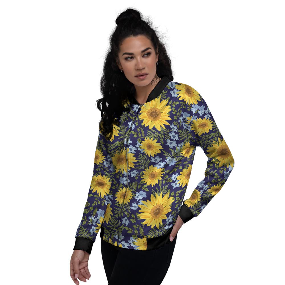 Yellow Sunflower Floral Print Women's Bomber Jacket-grizzshop