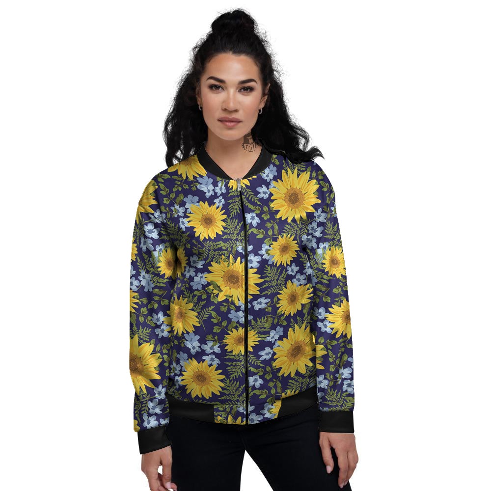 Yellow Sunflower Floral Print Women's Bomber Jacket-grizzshop