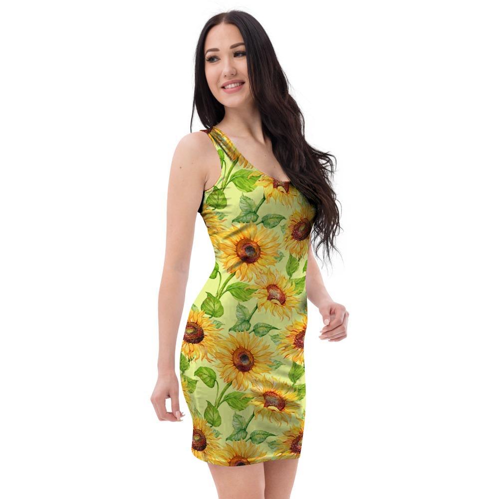 Yellow Sunflower Print Bodycon Dress-grizzshop