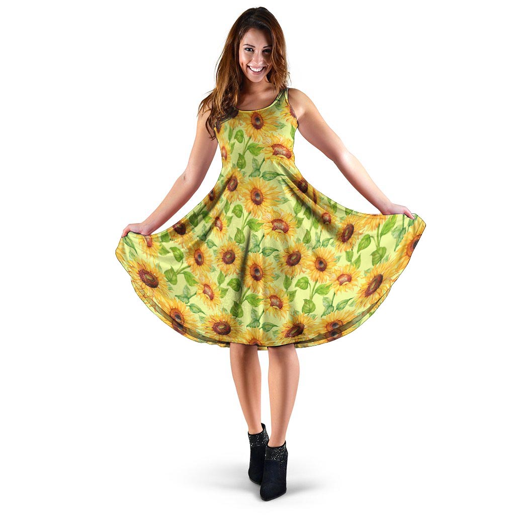 Yellow Sunflower Print Dress-grizzshop
