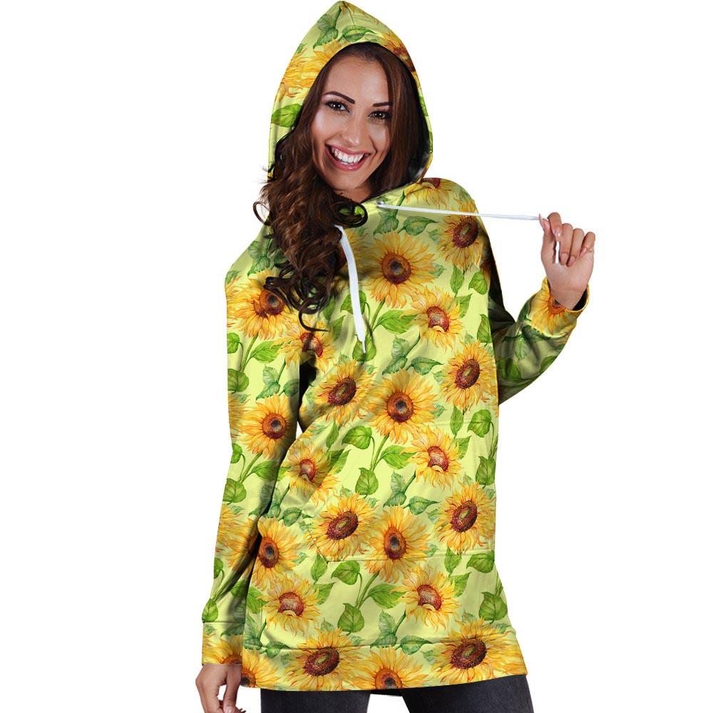 Yellow Sunflower Print Hoodie Dress-grizzshop