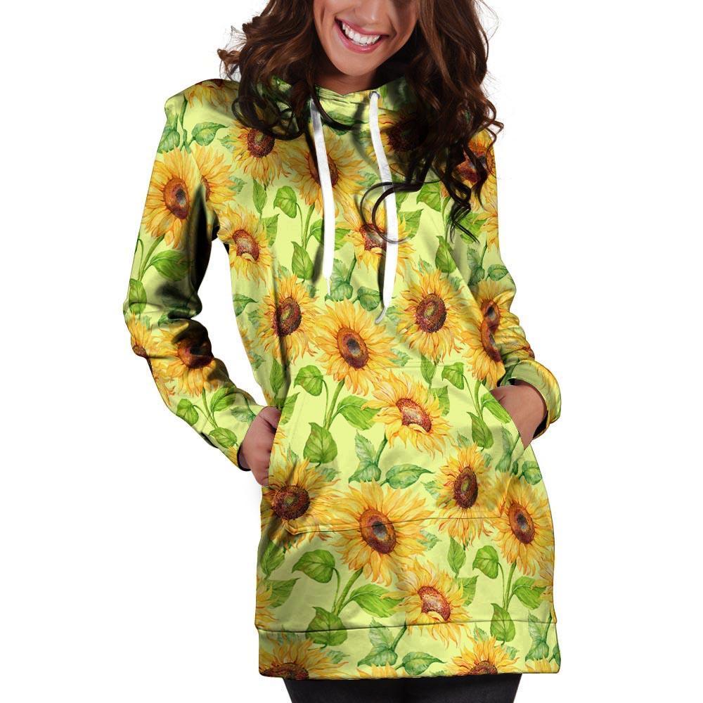 Yellow Sunflower Print Hoodie Dress-grizzshop