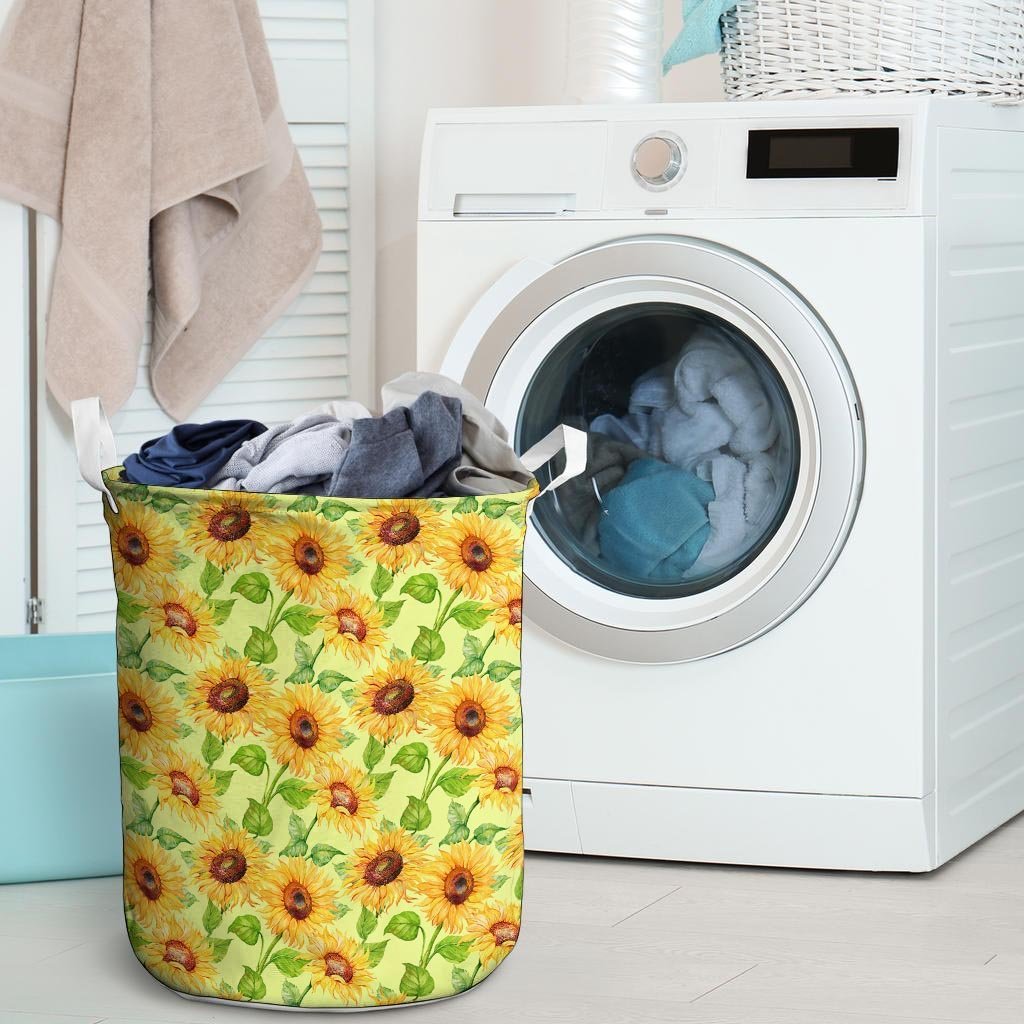 Yellow Sunflower Print Laundry Basket-grizzshop
