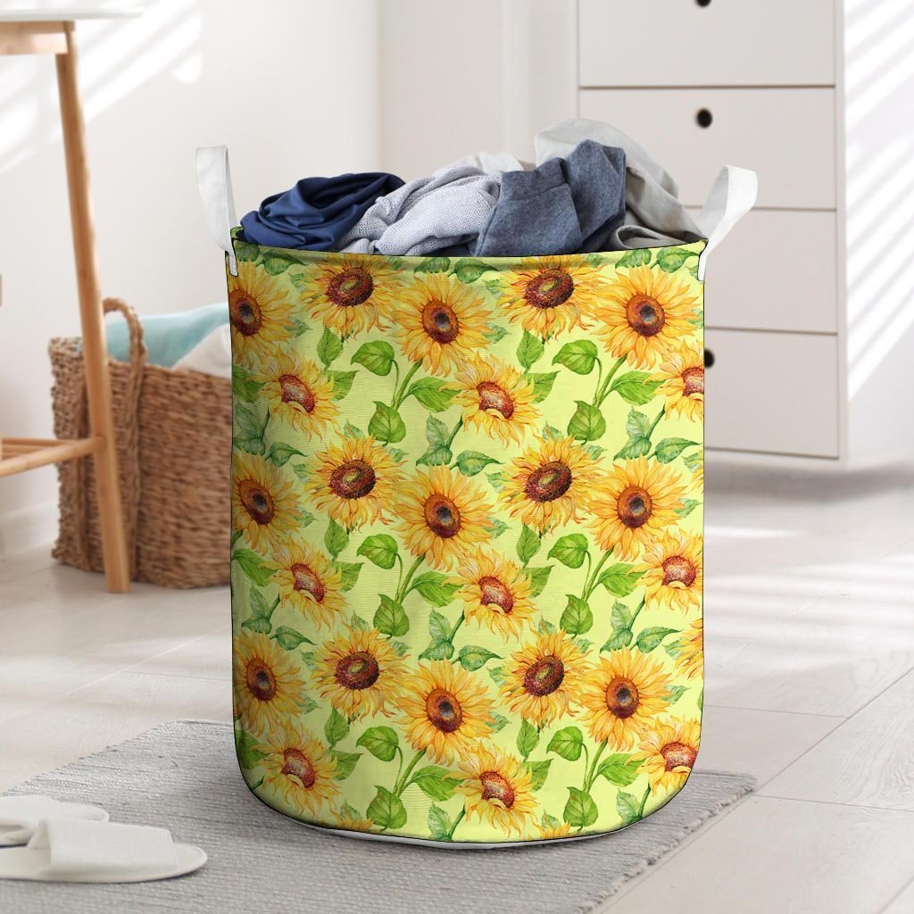 Yellow Sunflower Print Laundry Basket-grizzshop