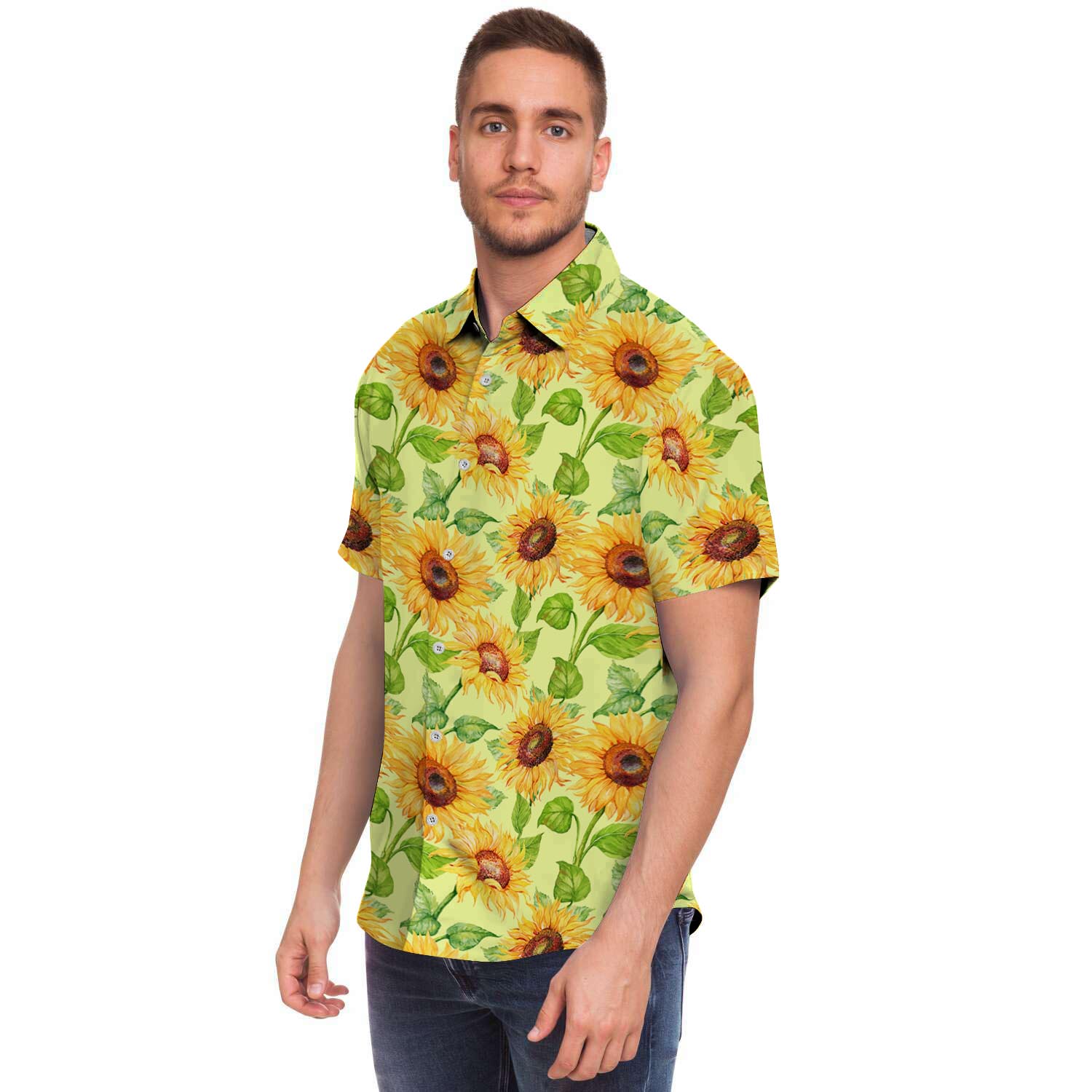 Yellow Sunflower Print Men's Short Sleeve Shirt-grizzshop