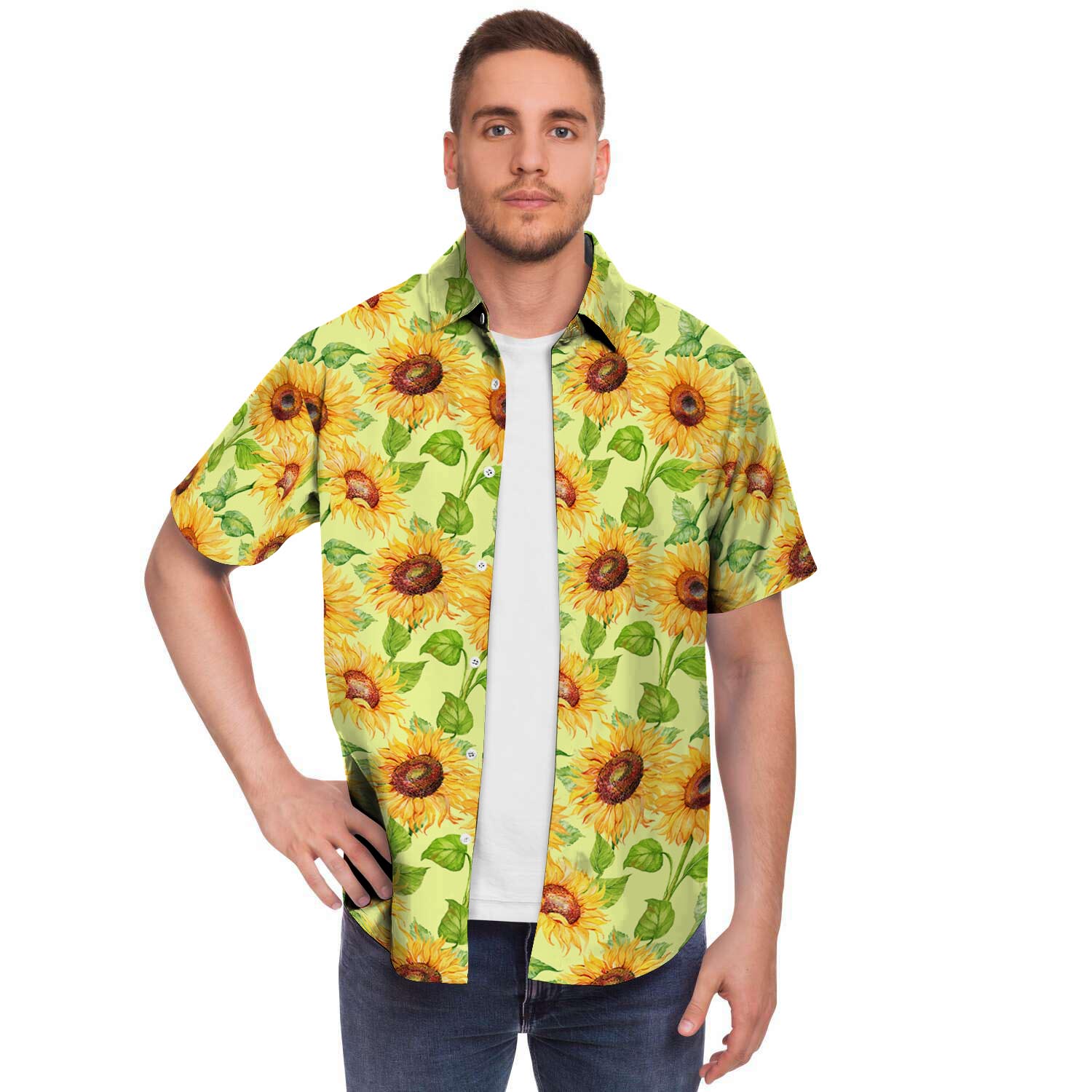 Yellow Sunflower Print Men's Short Sleeve Shirt-grizzshop