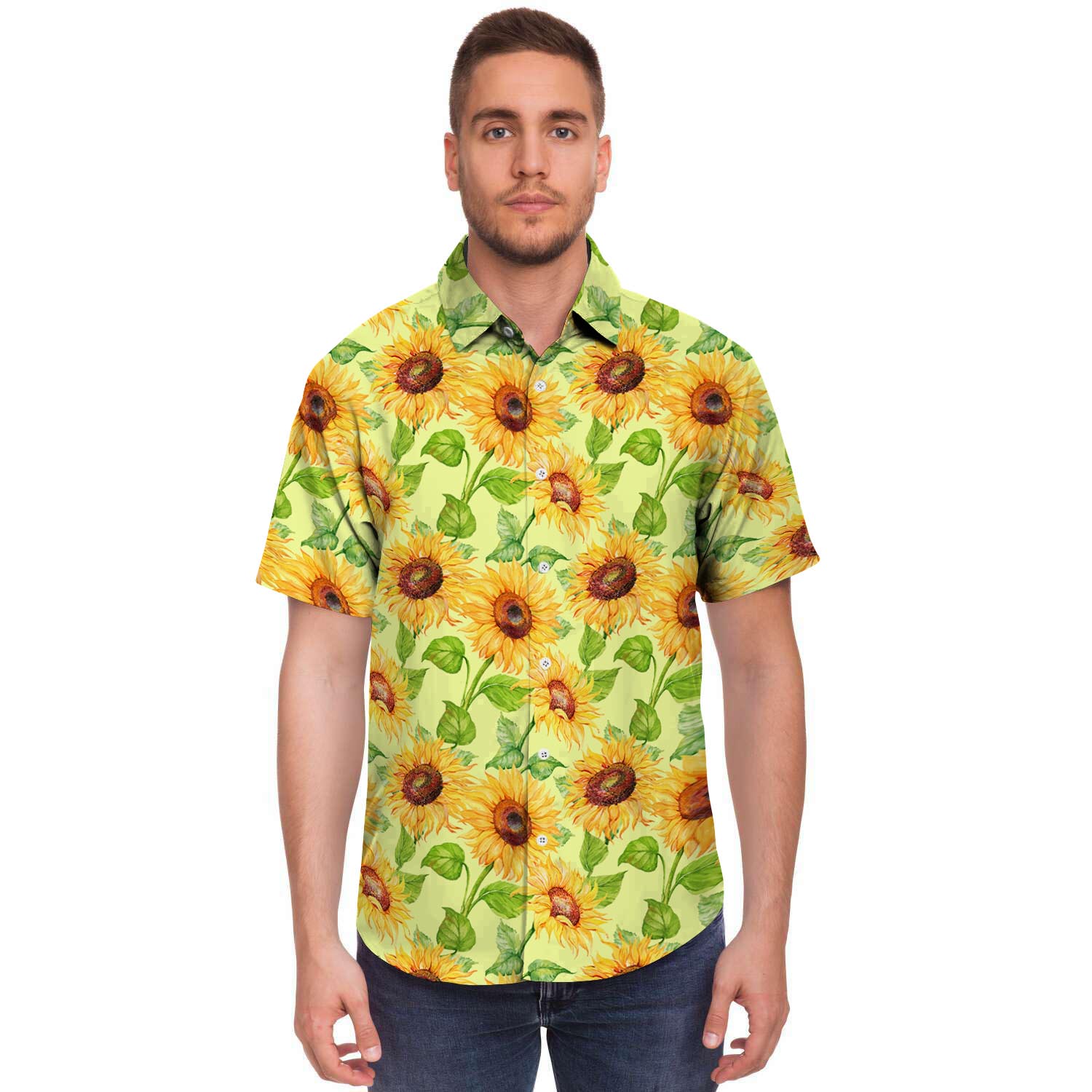 Yellow Sunflower Print Men's Short Sleeve Shirt-grizzshop