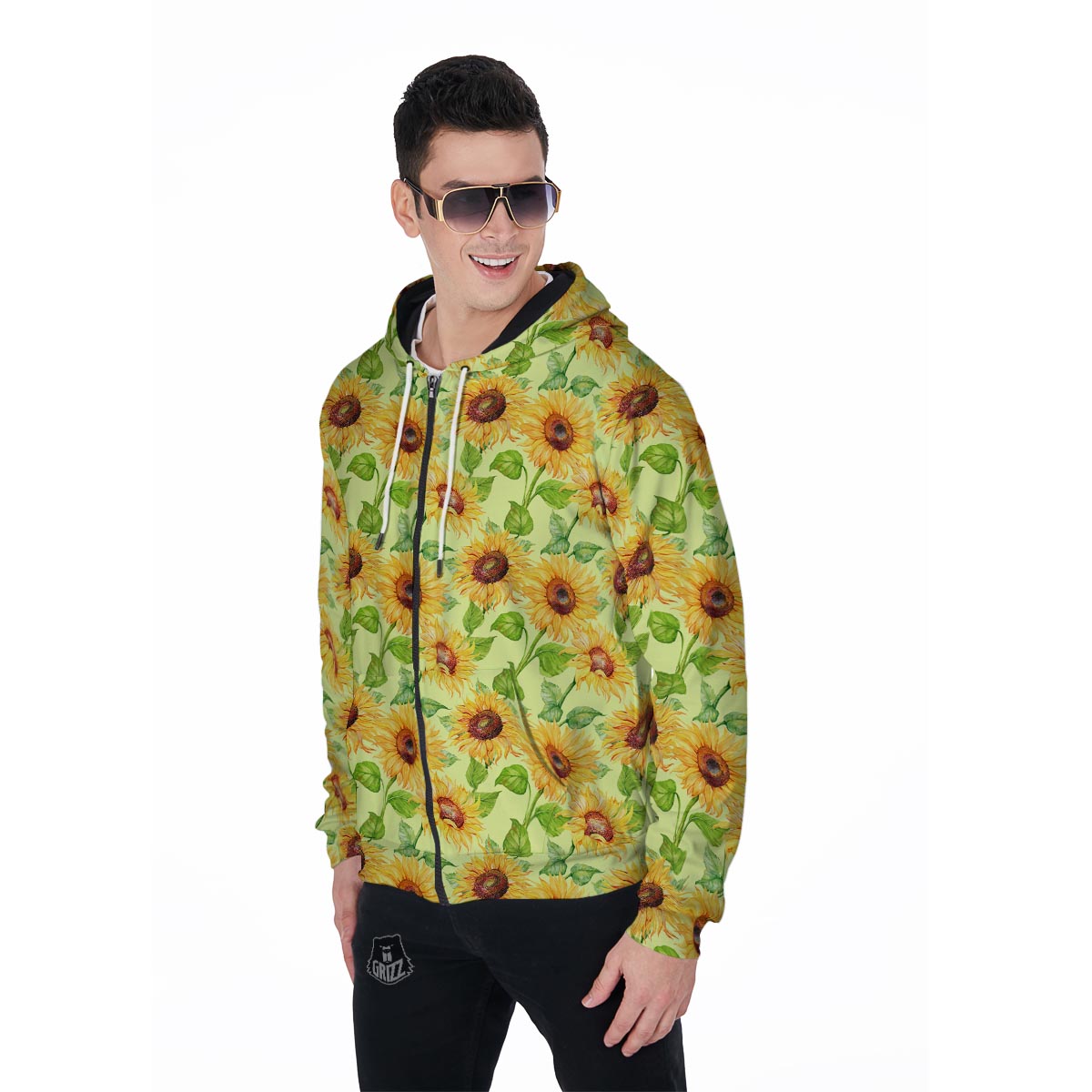 Yellow Sunflower Print Men's Zip Up Hoodie-grizzshop