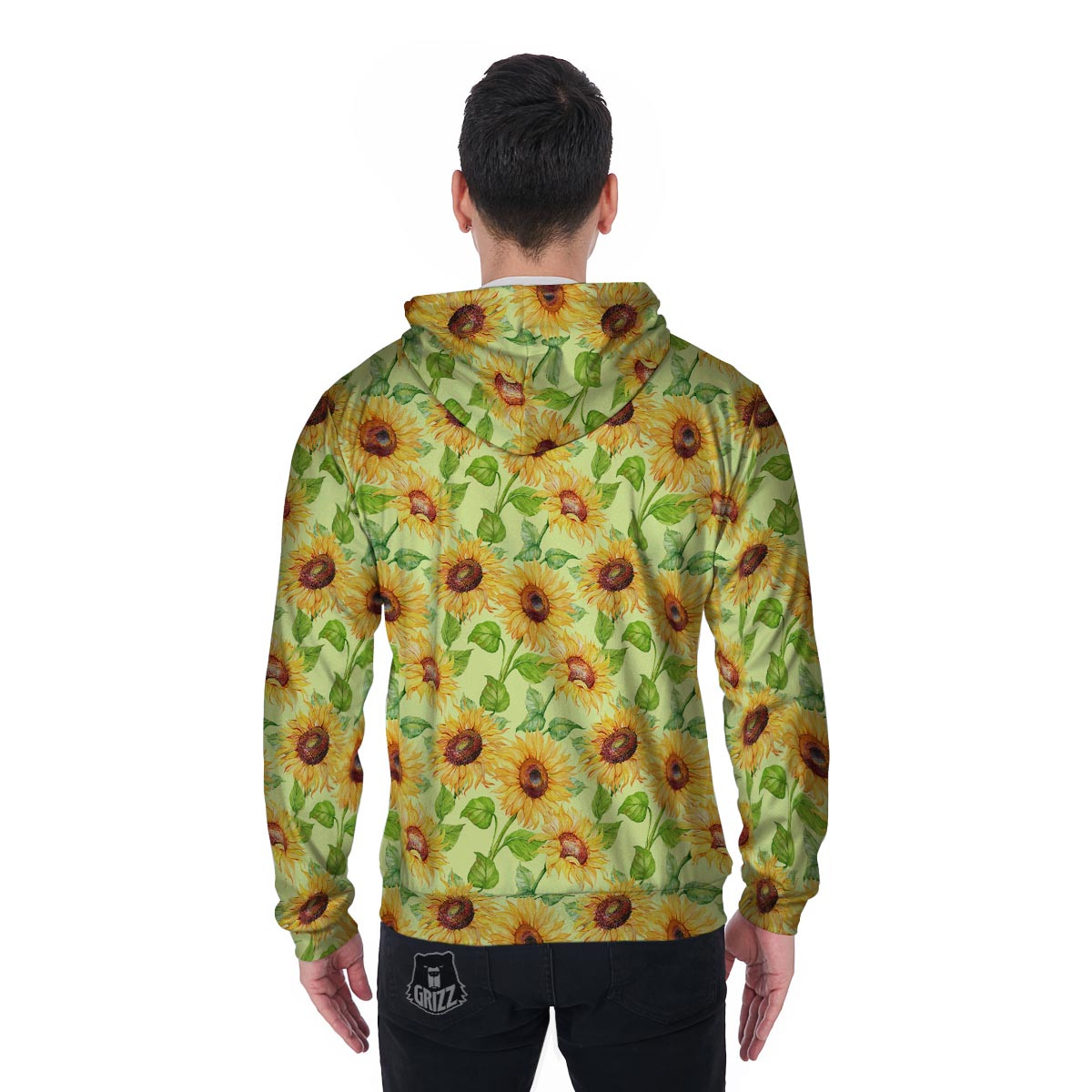 Yellow Sunflower Print Men's Zip Up Hoodie-grizzshop