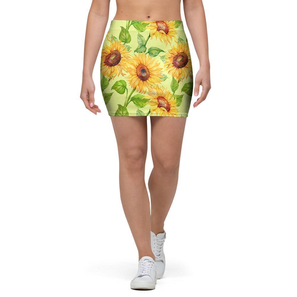 Yellow Sunflower Print Mini Skirt-grizzshop