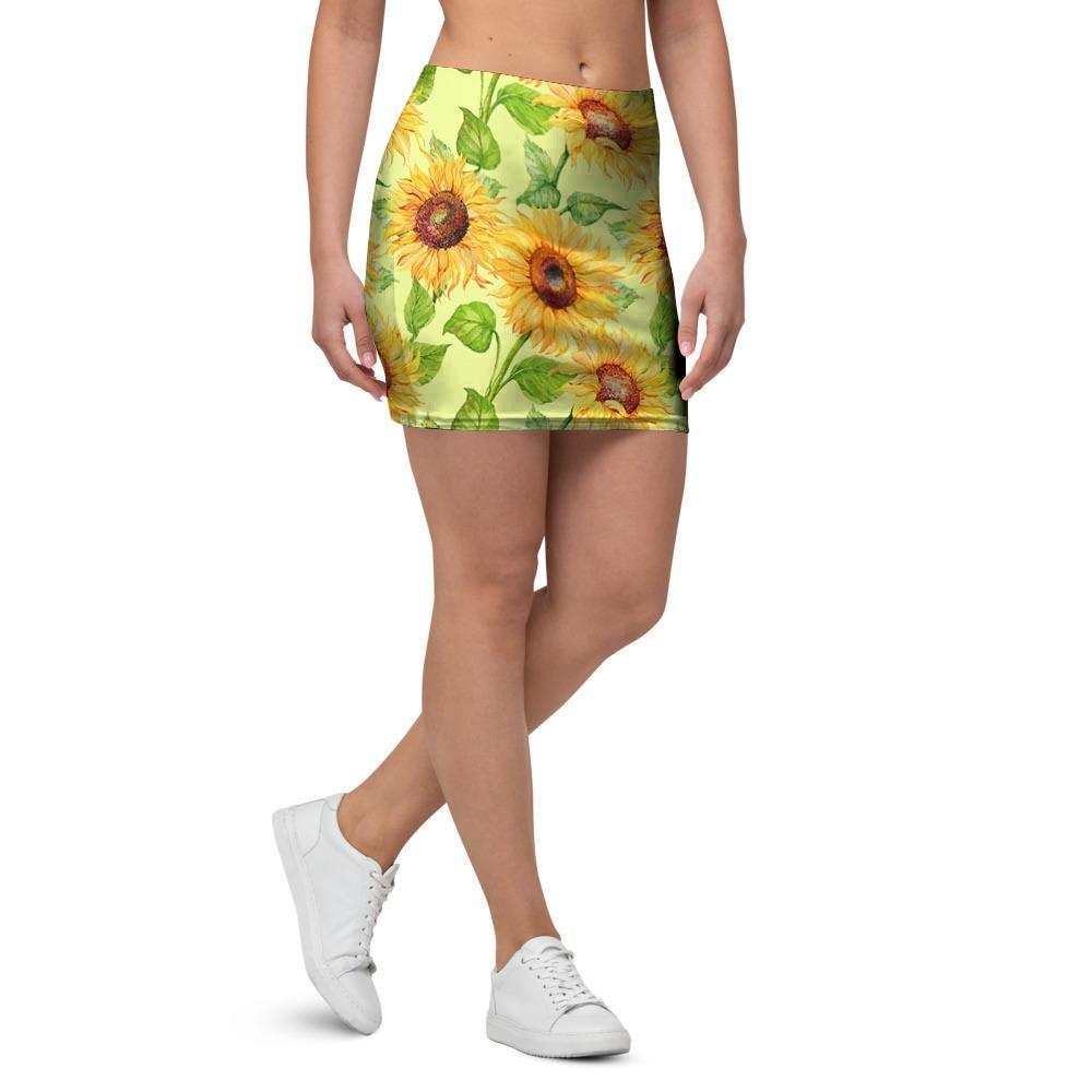 Yellow Sunflower Print Mini Skirt-grizzshop