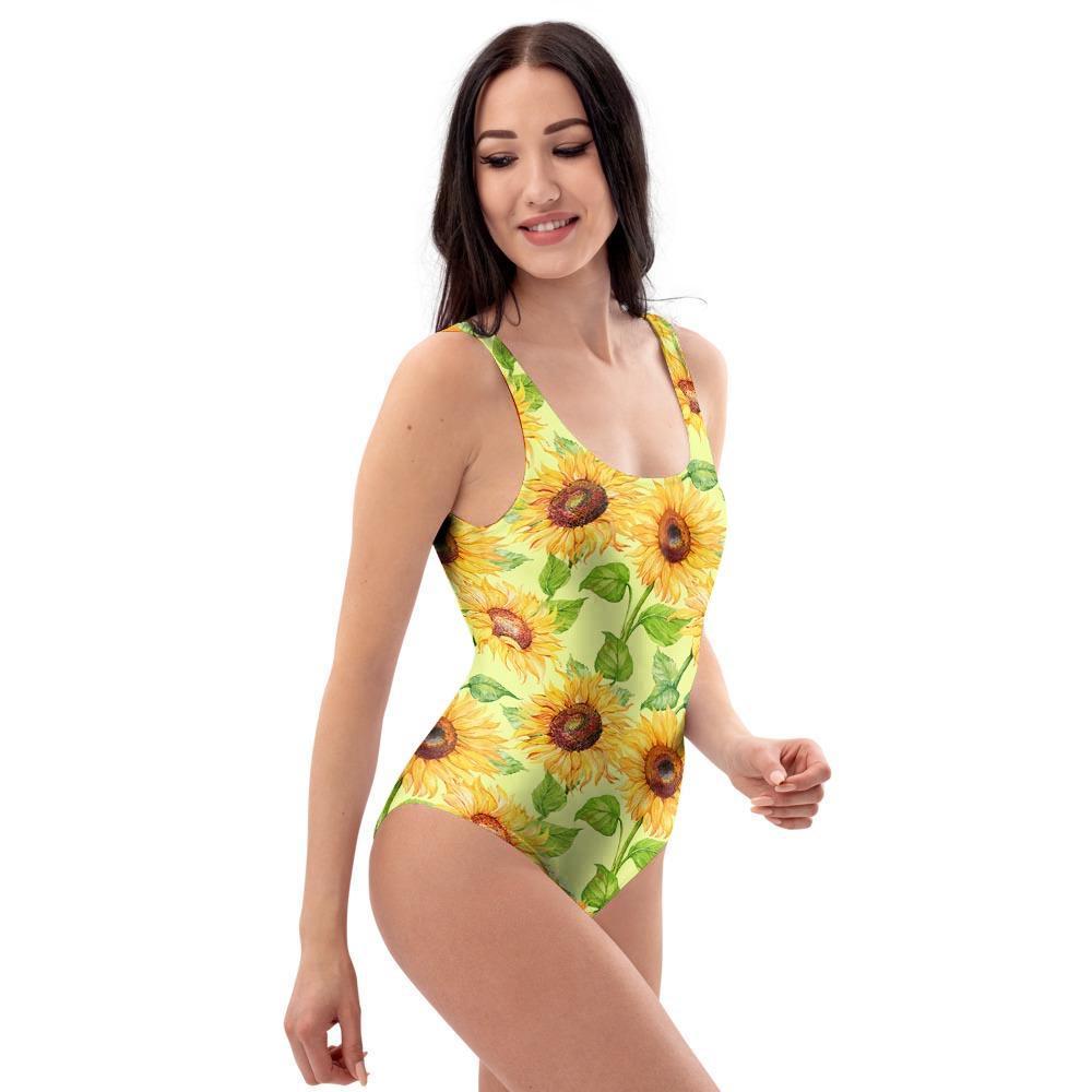Yellow Sunflower Print One Piece Swimsuite-grizzshop
