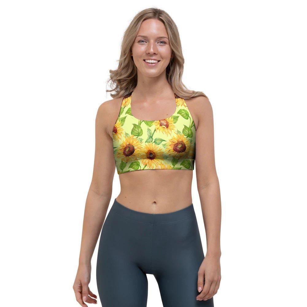 Yellow Sunflower Print Sports Bra-grizzshop