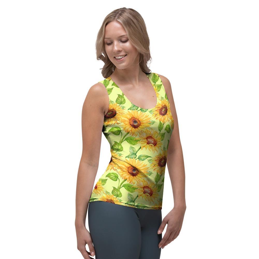 Yellow Sunflower Print Women's Tank Top-grizzshop