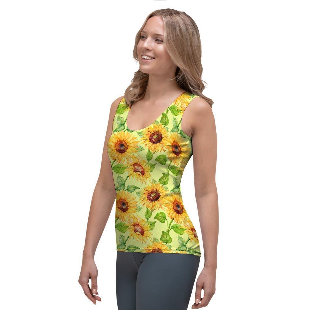 Yellow Sunflower Print Women's Tank Top-grizzshop