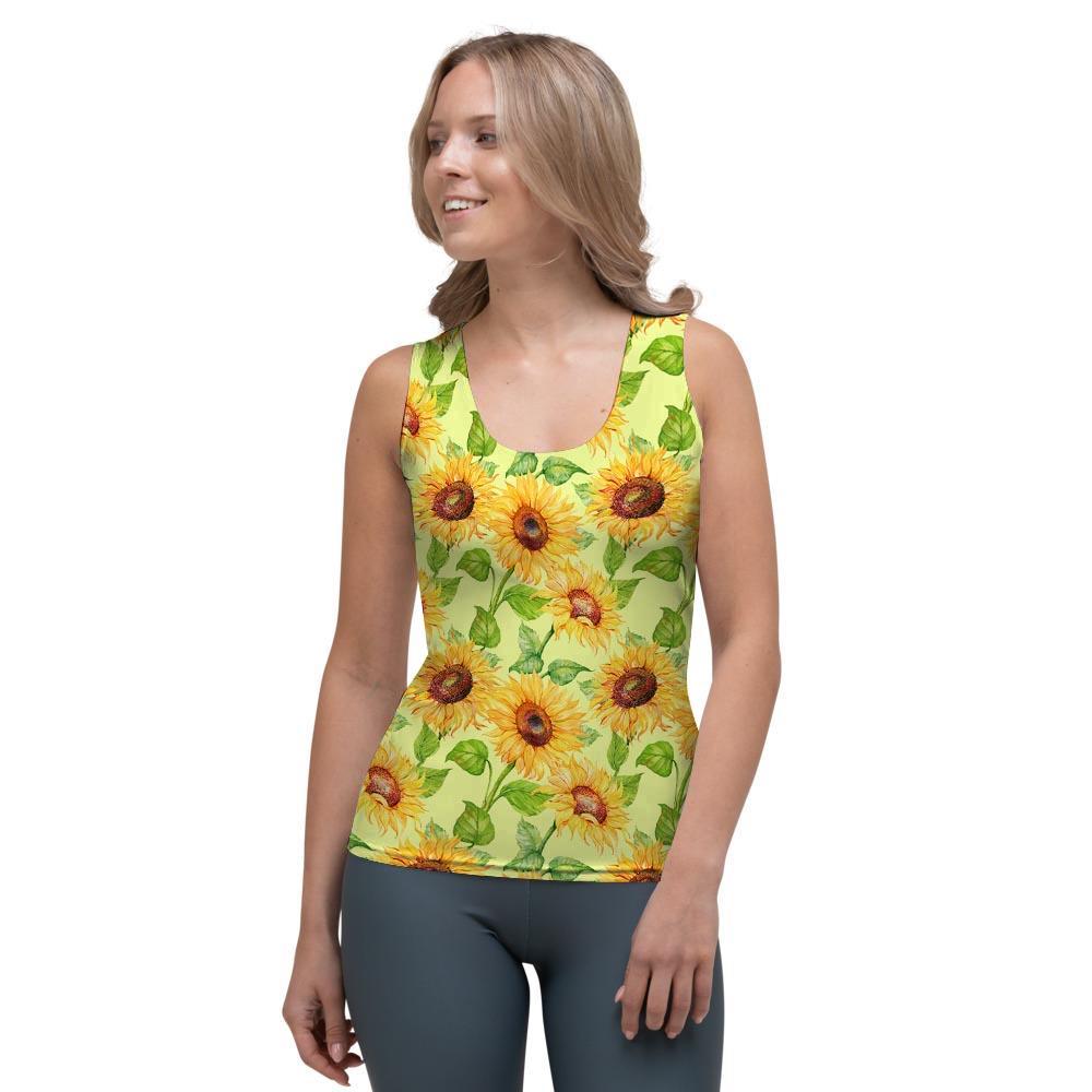 Yellow Sunflower Print Women's Tank Top-grizzshop