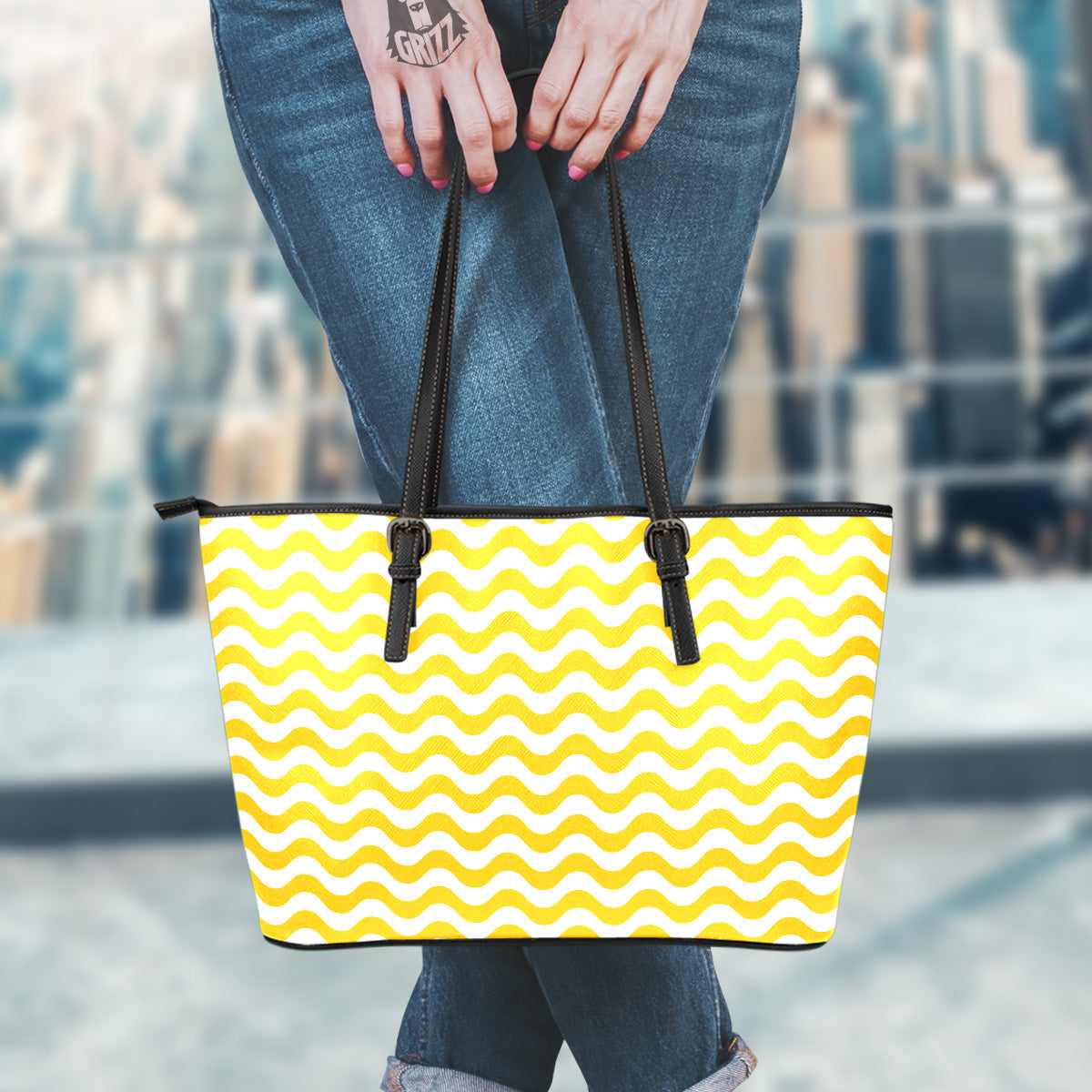 Yellow Wave Striped Print Leather Tote Bag – Grizzshopping