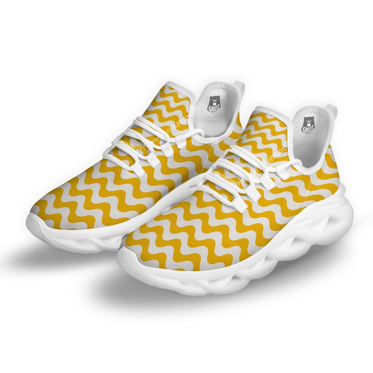 Yellow Wave Striped Print White Running Shoes-grizzshop