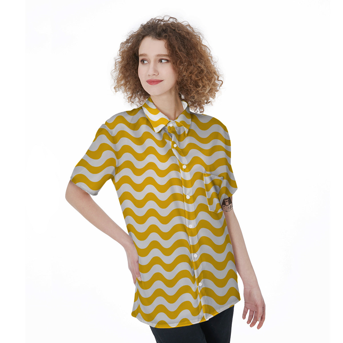 Yellow Wave Striped Print Women's Short Sleeve Shirts-grizzshop