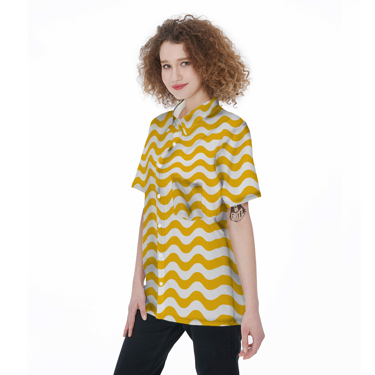 Yellow Wave Striped Print Women's Short Sleeve Shirts-grizzshop