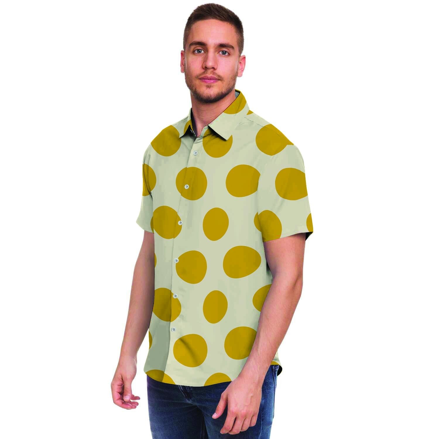 Yellow White Polka Dot Men's Short Sleeve Shirt-grizzshop