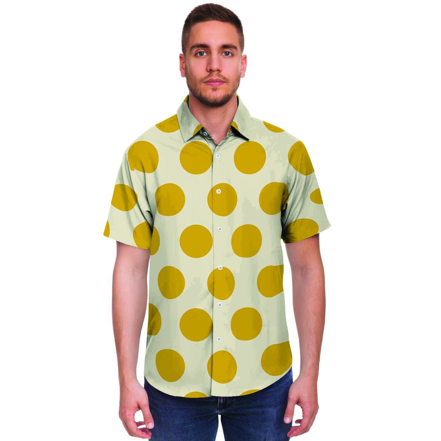 Yellow White Polka Dot Men's Short Sleeve Shirt-grizzshop