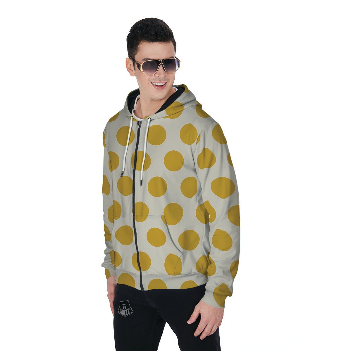 Yellow White Polka Dot Men's Zip Up Hoodie-grizzshop