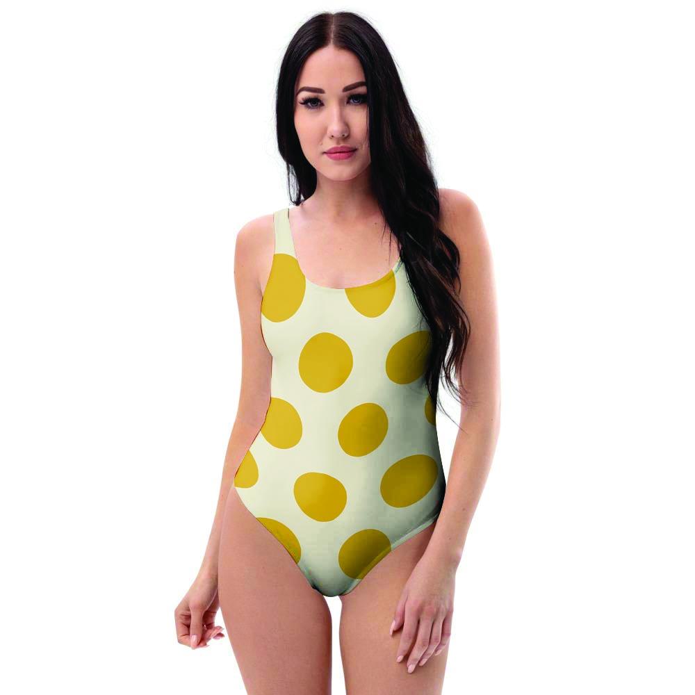 Yellow White Polka Dot One Piece Swimsuite-grizzshop