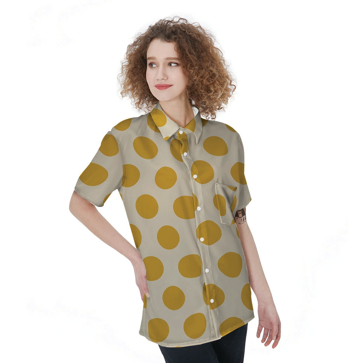 Yellow White Polka Dot Women's Short Sleeve Shirts-grizzshop