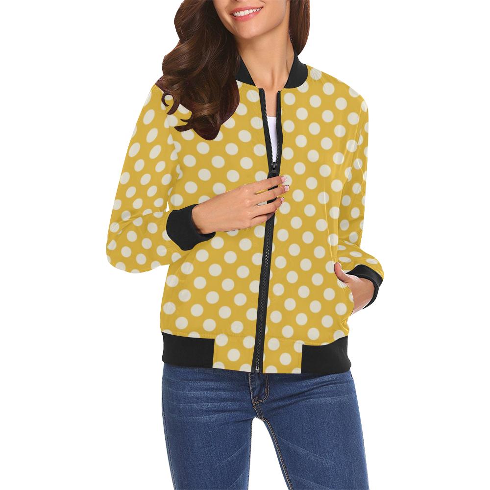 Yellow White Polka dot Pattern Print Women Casual Bomber Jacket-grizzshop