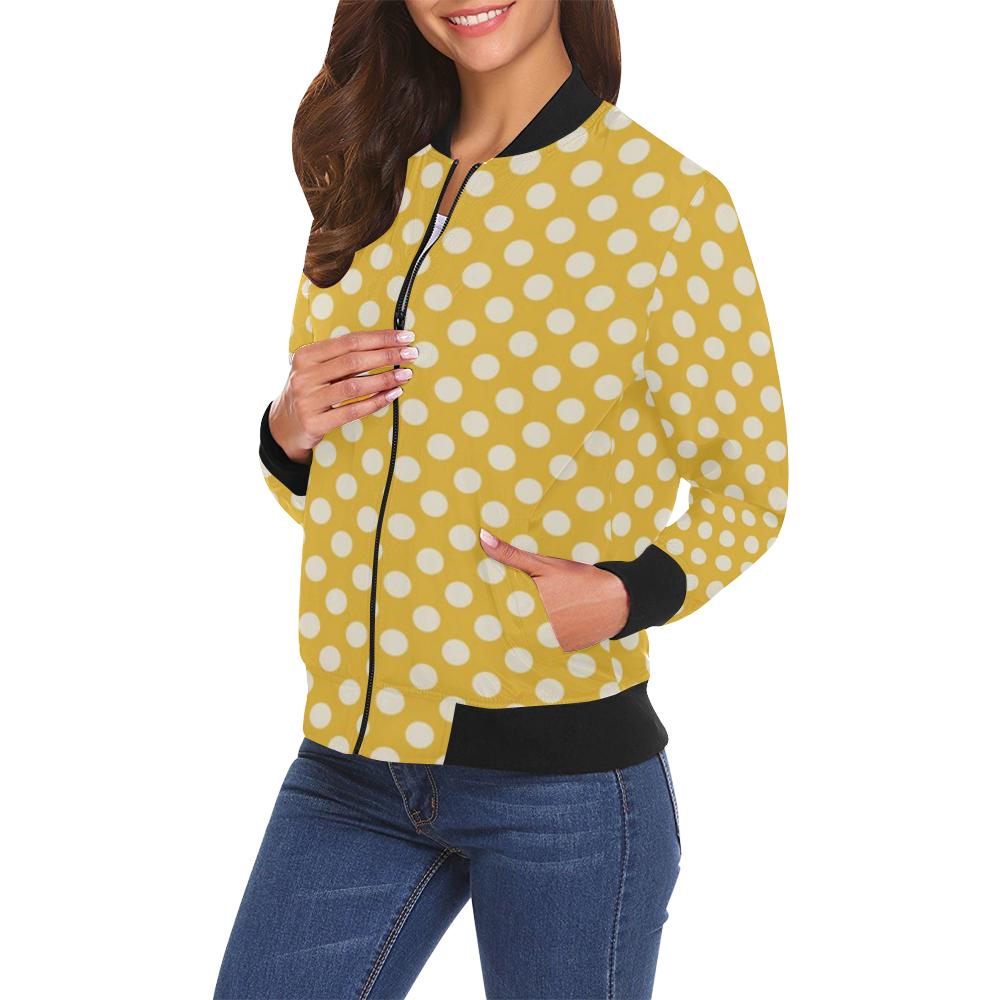 Yellow White Polka dot Pattern Print Women Casual Bomber Jacket-grizzshop