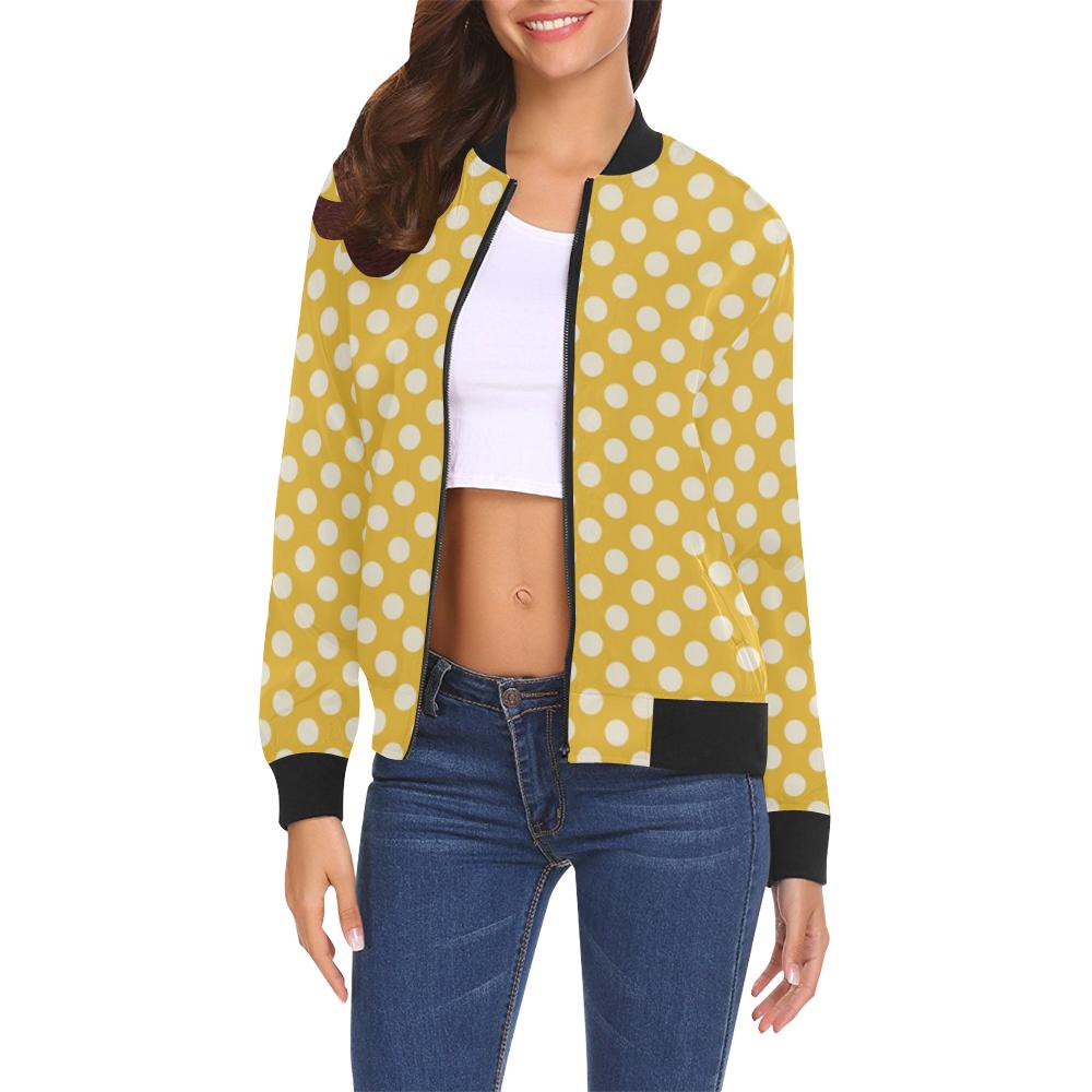 Yellow White Polka dot Pattern Print Women Casual Bomber Jacket-grizzshop